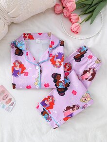 SHEIN 女童卡通印花休閒日常開襟長袖上衣與長褲2件套 - 淡紫色 - 查看 3
