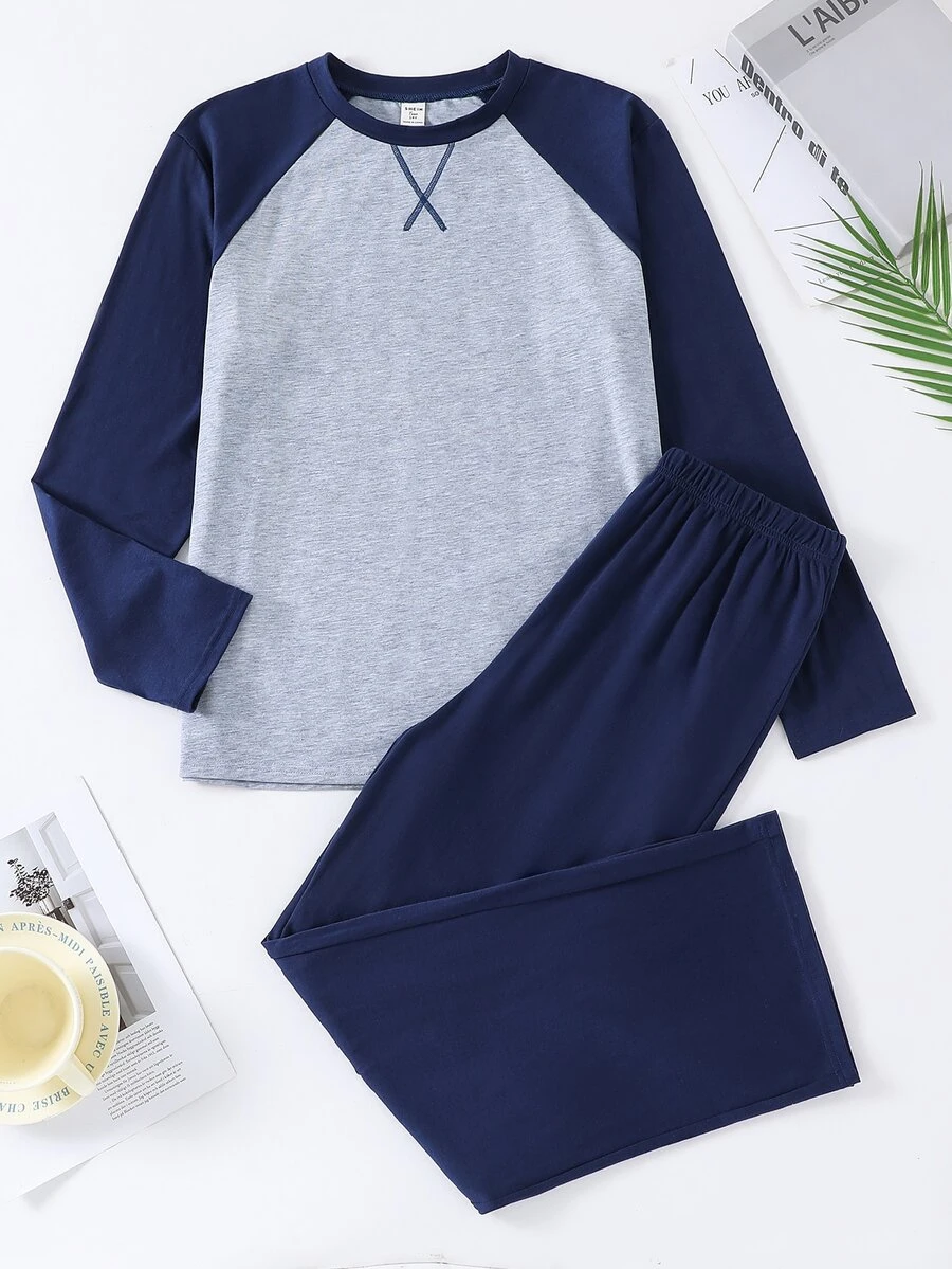 SHEIN Teen Boys Casual Comfortable Versatile Patchwork Colorblock Raglan Sleeve Long Sleeve Top & Long Pants Pajama Set - Multicolor - View 1
