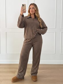 SHEIN PETITE CURVE Plus Size Striped Colorblock Long Sleeve Polo Shirt And Loose Pants 2 Pieces Set Fall - Brown - View 8