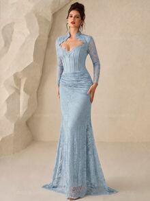 Coutiva 女款蕾絲長版正式晚禮服洋裝（重工風格） - 淺藍色 - 查看 5