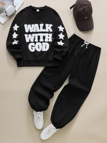 SHEIN 2件組青少年男孩街頭風黑色字母星星印花圓領長袖衛衣運動褲套裝 秋季穿搭 - 黑色 - 查看 1