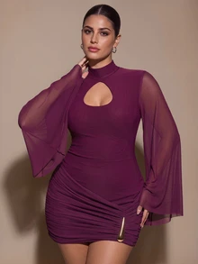 SHEIN BAE CURVE Plus Size Purple Burgundy Water Drop Neck Long Sleeve Fitted Bodycon Sexy Mini Dress, Suitable For Cocktail Party, Romantic Date, Party, Formal - Purple - View 2