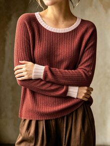 Linhara CURVE Women Plus Size Round Neck Solid Color Ribbed Contrast Patchwork Long Sleeve T-Shirt Autumn Winter Casual/Country Style/Top T-Shirt - Redwood - View 7