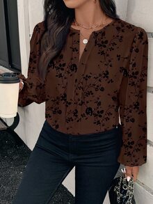 Reflora Plus Size Women's Floral Print Casual Daily Wear Shirt - Brown - View 5