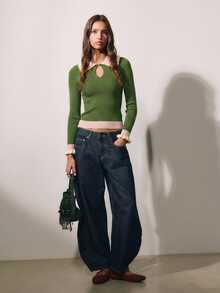 Nöista Women's Contrast Color Lapel Long Sleeve Slim Fit Versatile Sweater - Green - View 6