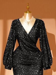 Rometta Autumn/Winter Plus Size Shiny Wrap V-Neck Lantern Sleeve Ruched Asymmetrical Hem Party Midi Dress Halloween Fall - Black - View 1