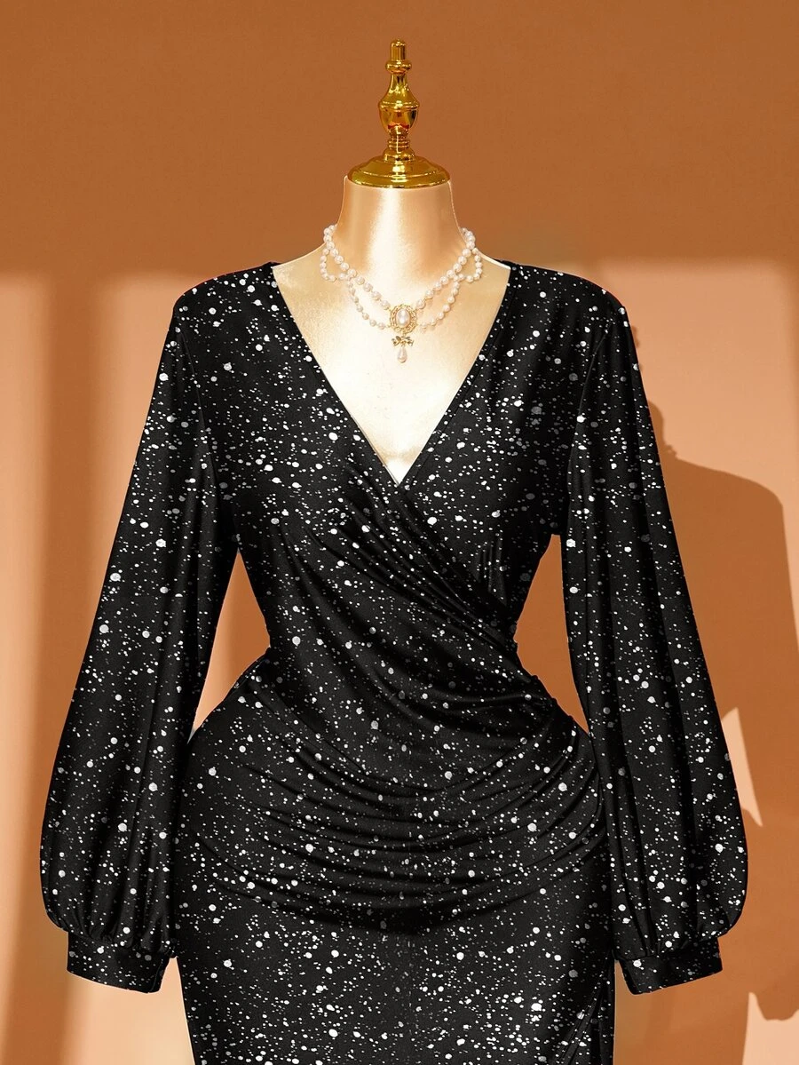 Rometta Autumn/Winter Plus Size Shiny Wrap V-Neck Lantern Sleeve Ruched Asymmetrical Hem Party Midi Dress Halloween Fall - Black - View 1