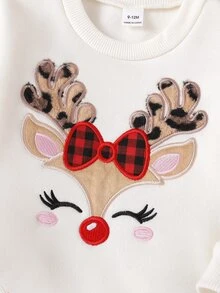SHEIN Baby Girl Baby Girl Casual Christmas 3D Embroidered Reindeer Pattern Crew Neck Pullover Long Sleeve Sweatshirt - Apricot - View 3