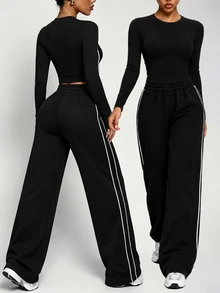 StreetHx 2PCS Women's Autumn/Winter Sports Set Black And White Striped Sweetro Style Tight Crew Neck Long Sleeve Side Patchwork Contrast Stripe Top Pants Gym - Black - View 2