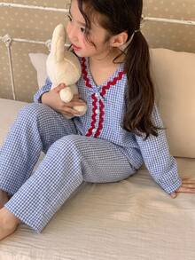 Dazy Kids 少女秋季服飾 格紋短袖長褲居家休閒套裝 春夏款 - 淺藍色 - 查看 5
