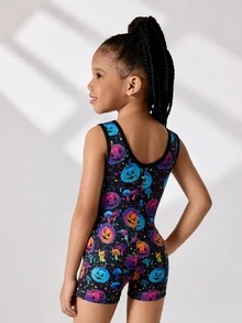 Young Girls Halloween Pumpkin Print Sports Romper, Children Dance Gymnastics Leotard, High Elasticity Romper - Multicolor - View 6