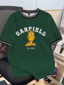 GARFIELD | SHEIN Daypath 男士卡通字母印花插肩袖圓領對比飾邊T恤 - 墨綠色 - 查看 5