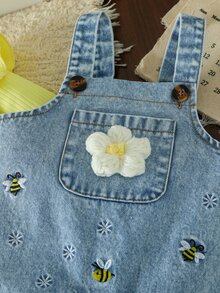 SHEIN 2pcs Baby Girls Denim Overalls Cute Yellow Blue Bee Flower Embroidery Ruffle Flutter Sleeve Birthday Party Fall White Top Birthday Girl Ribbed Knit - Yellow - View 7
