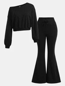 SHEIN Girlism Teen Girls Hoodie & Sweatshirt Co-Ords Black Asymmetrical Shoulder Sweatshirt & Flared Sweatpants 2pcs Set - Black - View 6