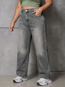 SHEIN ICON Plus Size Women's High Waist Wide Leg Loose Casual Denim Jeans With Pockets - Light Grey - View 4