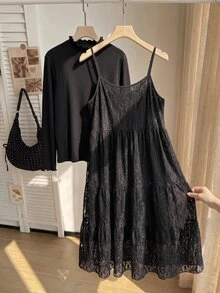 Comfortcana Plus Size Autumn/Winter Lace Camisole Dress & High Neck Cotton T-Shirt Black Set - Black - View 5