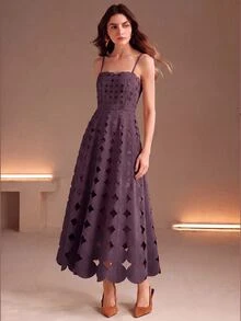 Anewsta Elegant Purple Fashion Strapless Dress With Waist Cinching, Slimming Sleeveless Hollow Design, Vacation Dress For Women - Purple - View 4
