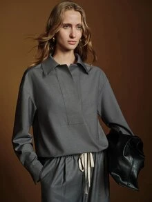 Anewsta Essential Kemeja Tenun Wanita Komuter Elegan Warna Abu-abu dengan Plaket Tersembunyi dan Kerah Oversized - Grey - View 6