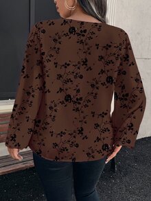 Reflora Plus Size Women's Floral Print Casual Daily Wear Shirt - Brown - View 3