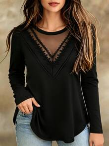 EMERY ROSE Plus Size Women's T-Shirt Elegant Sexy Casual Minimalist Commute Versatile Round Neck Lace Mesh Patchwork Pleated Stripe Design Long Sleeve, Suitable For Spring And Autumn Wear - Black - View 1
