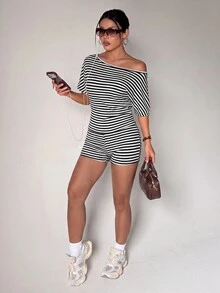 StreetHx Women's Striped Asymmetrical Shoulder Short Sleeve T-Shirt And Shorts Sports Set - Black and White - View 2