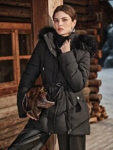 Anewsta Winter Black Hooded Detachable Fur Collar Decorated Belt Long Sleeve Padded Coat - Black - View 5