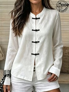 Balvessa Women Textured Fabric Stand Collar Front Button Minimalist Loose Daily New Chinese Style Outerwear - Black and White - View 1