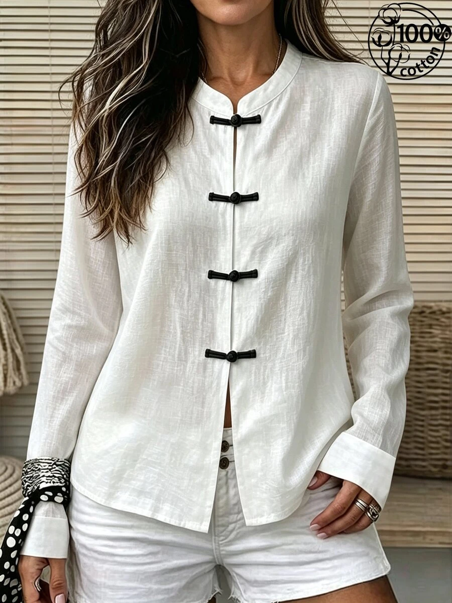 Balvessa Women Textured Fabric Stand Collar Front Button Minimalist Loose Daily New Chinese Style Outerwear - Black and White - View 1