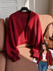 Comfortcana Plus Size Women's Long Sleeve Elegant Autumn/Winter Versatile Short Knit Cardigan - Burgundy - View 8