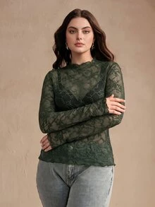 Anewsta Plus Size Sexy Sheer Lace Long Sleeve Top - Army Green - View 2