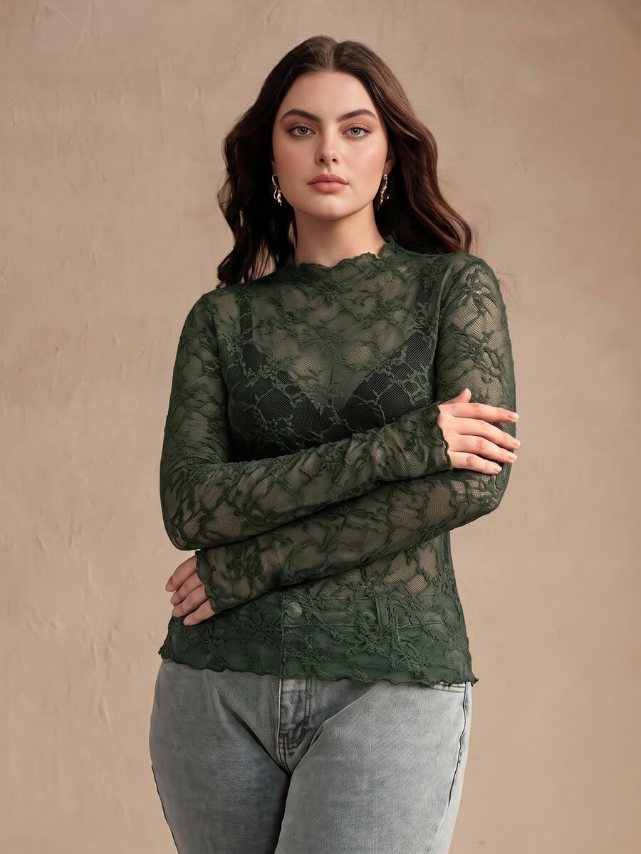 Anewsta Plus Size Sexy Sheer Lace Long Sleeve Top - Army Green - View 1