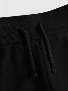 SHEIN Girlism Teen Girls Hoodie & Sweatshirt Co-Ords Black Asymmetrical Shoulder Sweatshirt & Flared Sweatpants 2pcs Set - Black - View 4