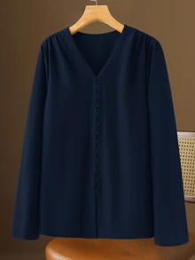 Rusticease Women's Solid Color V-Neck Long Sleeve Single-Breasted Casual Shirt - Navy Blue - View 3