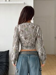Coolane 女款秋冬街頭風休閒 Y2K 復古日常穿著 樹枝圖案 橄欖綠 收腰修身運動衫 秋冬女裝 - 橄欖綠 - 查看 5