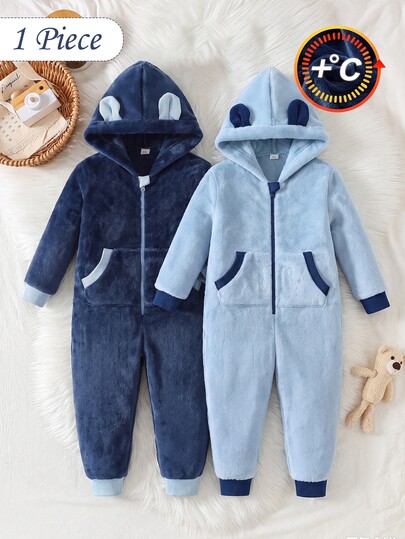 Boys Fashionable Elegant Cute Cool Comfortable Soft Skin-Friendly Thermal Lined Grey Blue Hooded One-Piece Long Sleeve Pants Pockets Ear Patchwork Pajamas Loungewear Single Set Autumn Winter