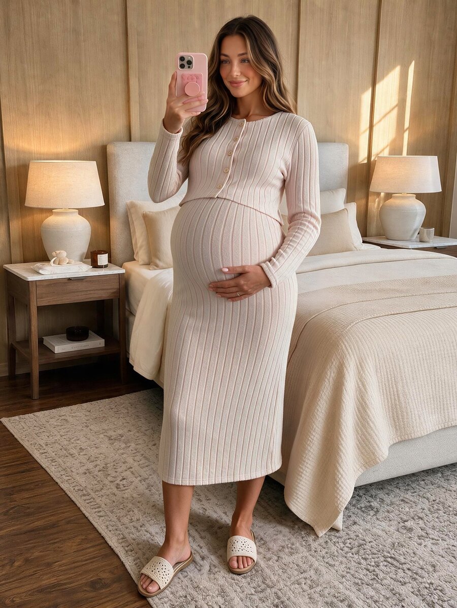 SHEIN 2pcs Nursing Set, Grey Ribbed Nursing High Waist Belly Support Skirt, Slimming Nursing Dress Set, Autumn/Winter - Apricot - View 1