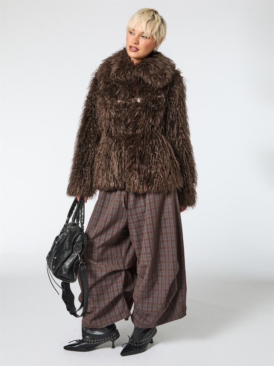 COUREZ CHECK CROPPED BALLOON TROUSERS WITH SIDE PLEATS - Burgundy - View 1