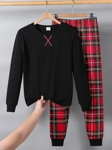 SHEIN 青少年男孩休閒舒適長袖上衣與格紋長褲套裝，修身睡衣套裝，適合居家穿著 - 彩色 - 查看 3