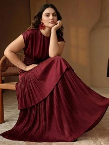 Anewsta Plus Size Women's Summer Elegant Cinched Waist Asymmetrical Ruffle Double Layer Full Skirt Dress For Vacation, Gathering, Party - Burgundy - View 6