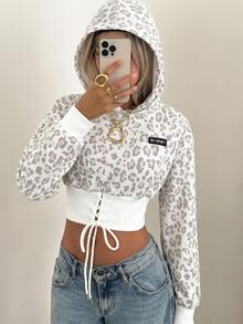 SHEIN EZwear 豹紋字母拼接前綁帶寬下擺短版連帽衛衣 - 彩色 - 查看 3