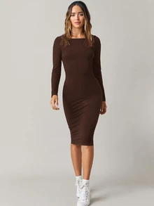 SHEIN BASICS 純色貼身中長洋裝，商務休閒女款／優雅夏季女裝套裝 - 咖啡 - 查看 7