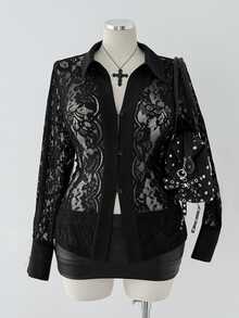 Sunspun Women's Autumn/Winter Black Lace Handmade Frog Button Front Opening Slim Fit Blouse Vintage Party New Chinese Style Versatile For Outings And Dates - Black - View 1