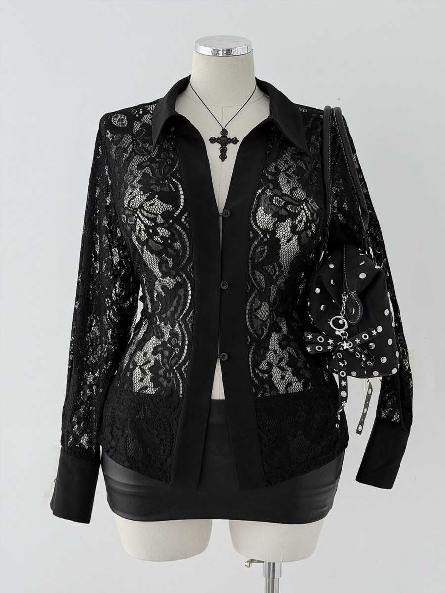Sunspun Women's Autumn/Winter Black Lace Handmade Frog Button Front Opening Slim Fit Blouse Vintage Party New Chinese Style Versatile For Outings And Dates - Black - View 1