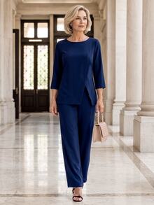 EMERY ROSE Middle-Aged And Elderly Women Solid Color Round Neck 3/4 Sleeve Top And Pants Set - Blue - View 4