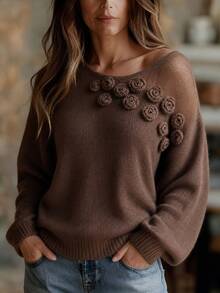 SHEIN Mesh Patchwork 3D Crochet Lazy Comfortable Sweater - Coffee Brown - View 1