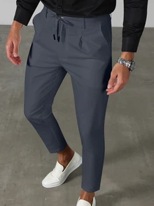 Manfinity Bizformal Men's Solid Color Drawstring Pocket Slim Fit Business Casual Suit Pants - Dusty Blue - View 1