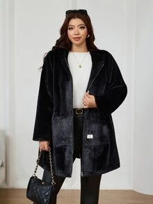 SHEIN Clasi 大尺碼女款抓絨長袖連帽拉鍊冬季外套 - 黑色 - 查看 5