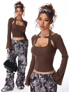 SHEIN EZwear 女款秋冬 Y2K 羅紋針織二合一連身衣喇叭袖長袖上衣 - 棕色 - 查看 4