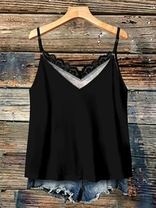 SHEIN VCAY 大尺碼女款蕾絲拼接休閒日常細肩帶背心上衣 - 黑色 - 查看 2
