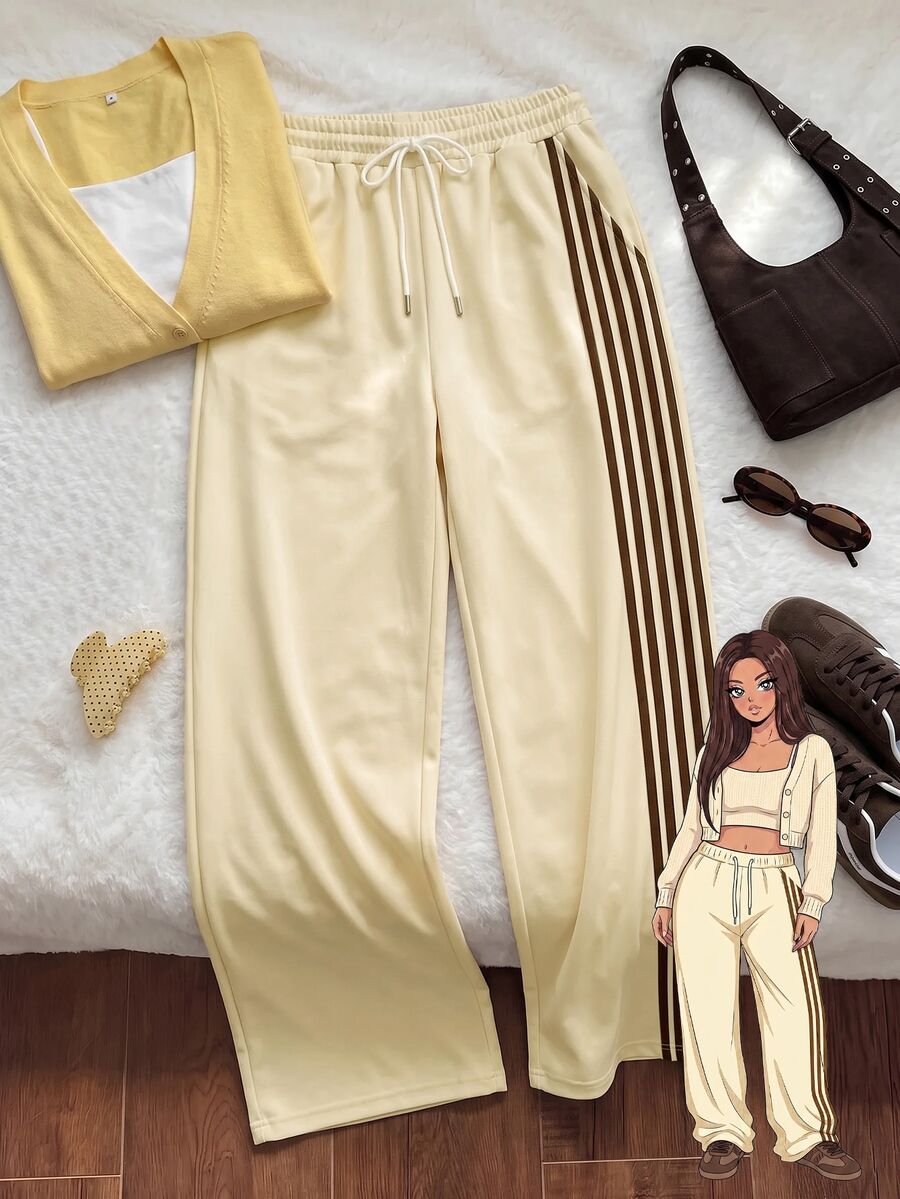 Comfortcana Plus Size Women's Side Stripe Drawstring Casual Loose Sweatpants - Light Yellow - View 1